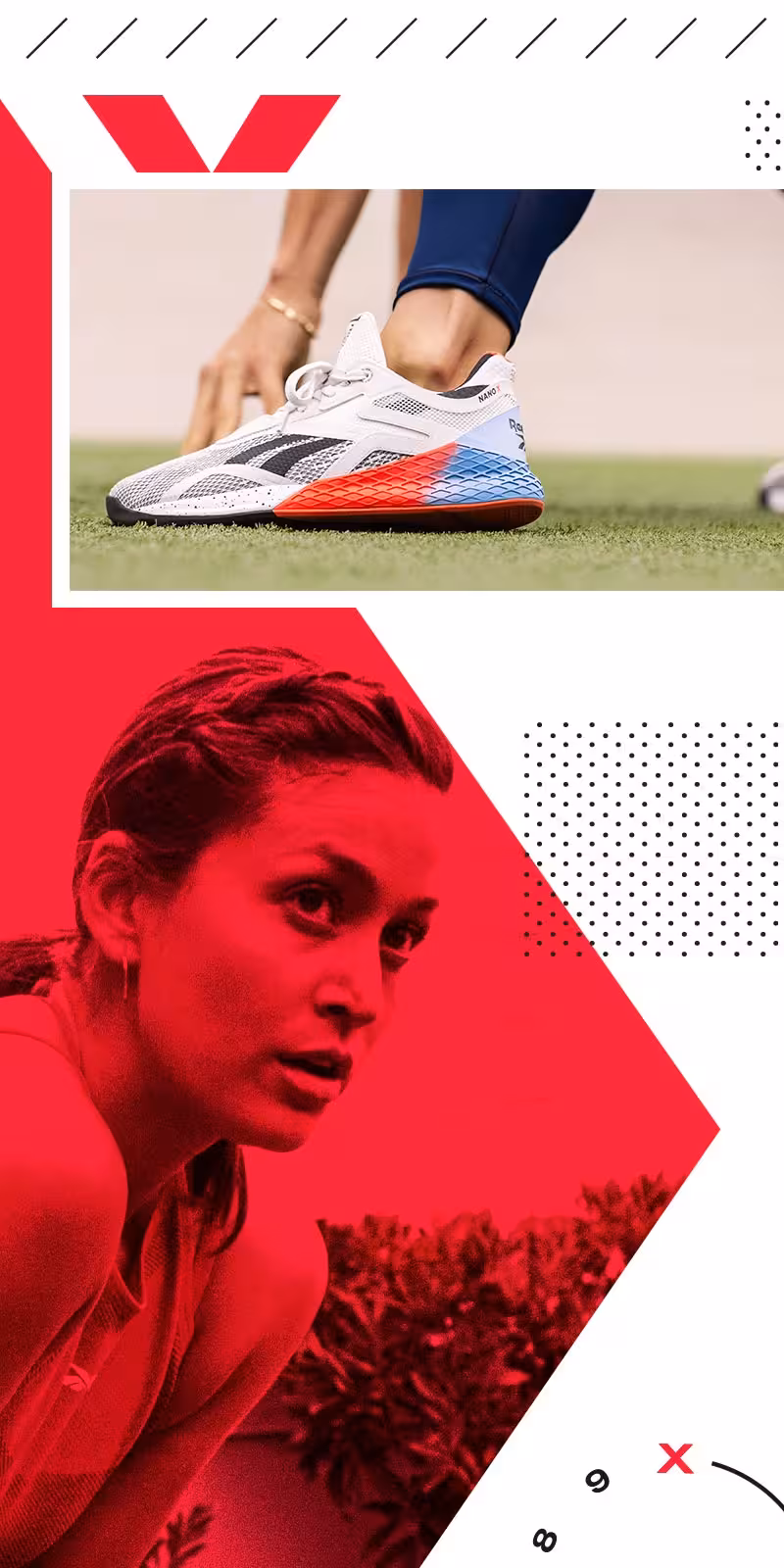 Reebok Nano X campaign graphic: close-up of the shoe on turf beside a red-toned image of a female athlete.