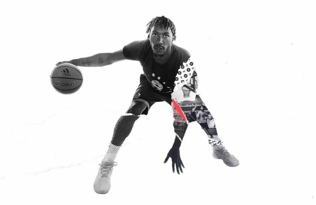 Derrick Rose in a collaged action shot dribbling, adidas D Rose 9 "Raw Remixed" campaign