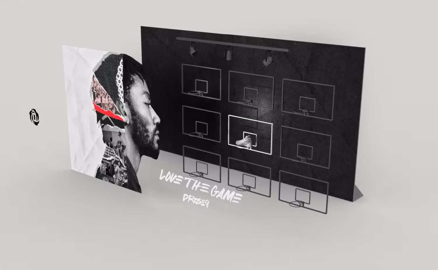3D render of adidas D Rose 9 retail window display with basketball hoop wall graphics