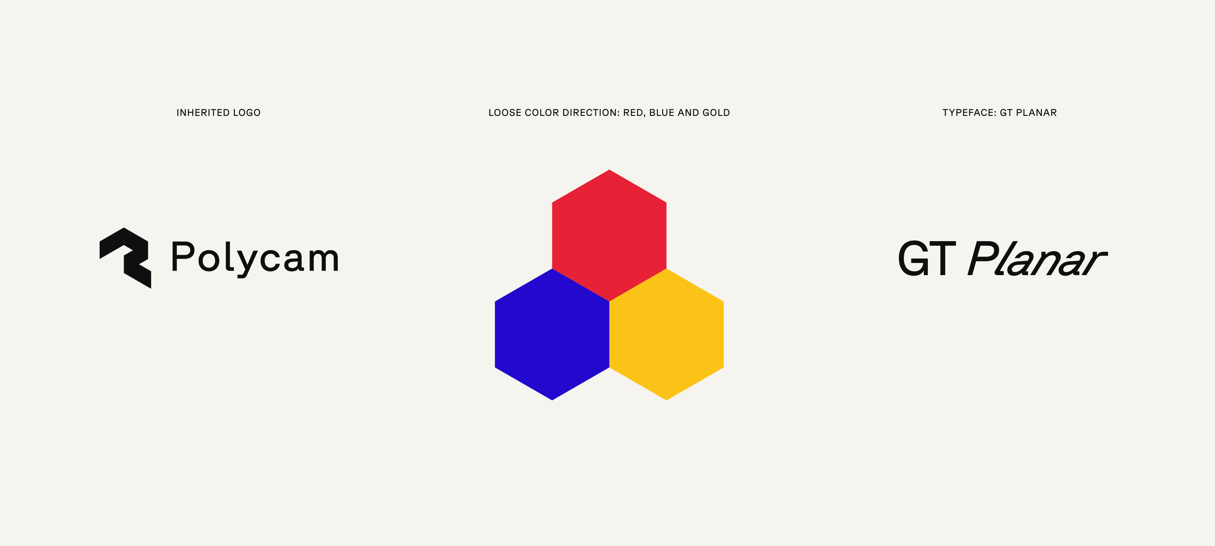 Visual direction board showing the inherited Polycam logo, a red-blue-gold color palette of three hexagons, and the GT Planar typeface sample.