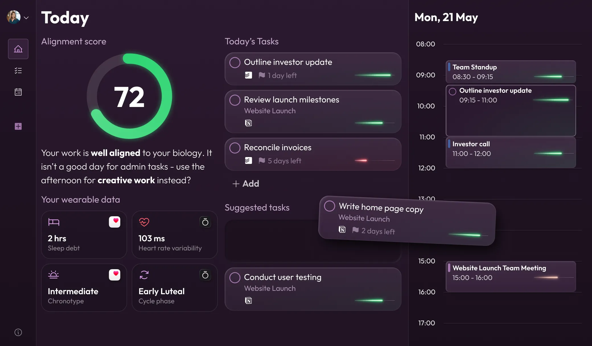 Phase homescreen showing bio alignment and work for the day