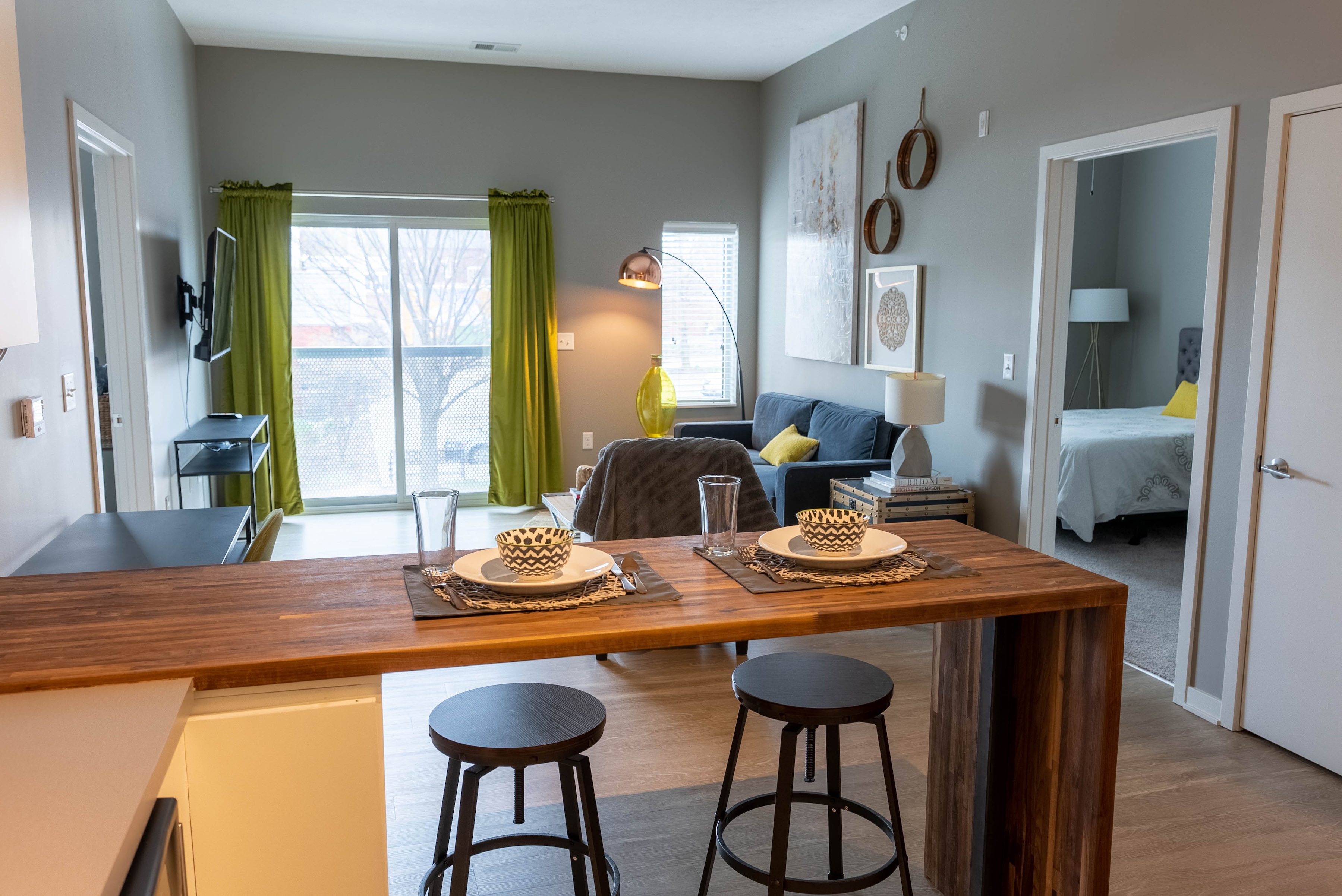 breakfast bar with living room view