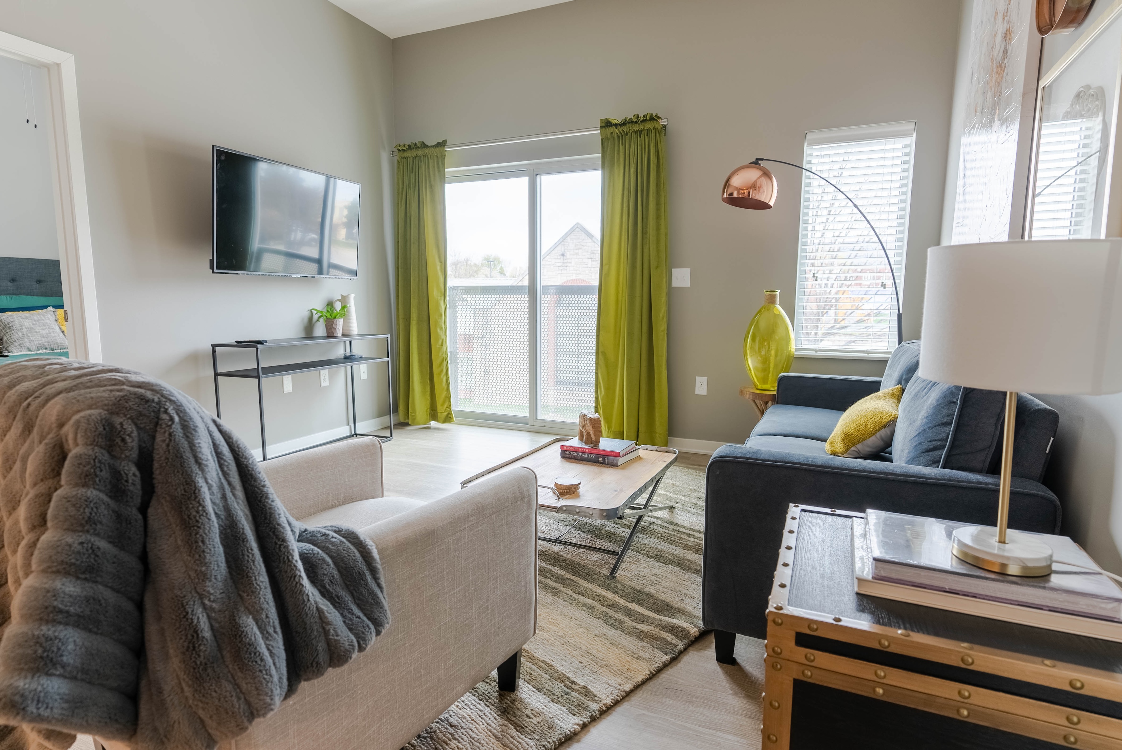Living room with tv and back door 