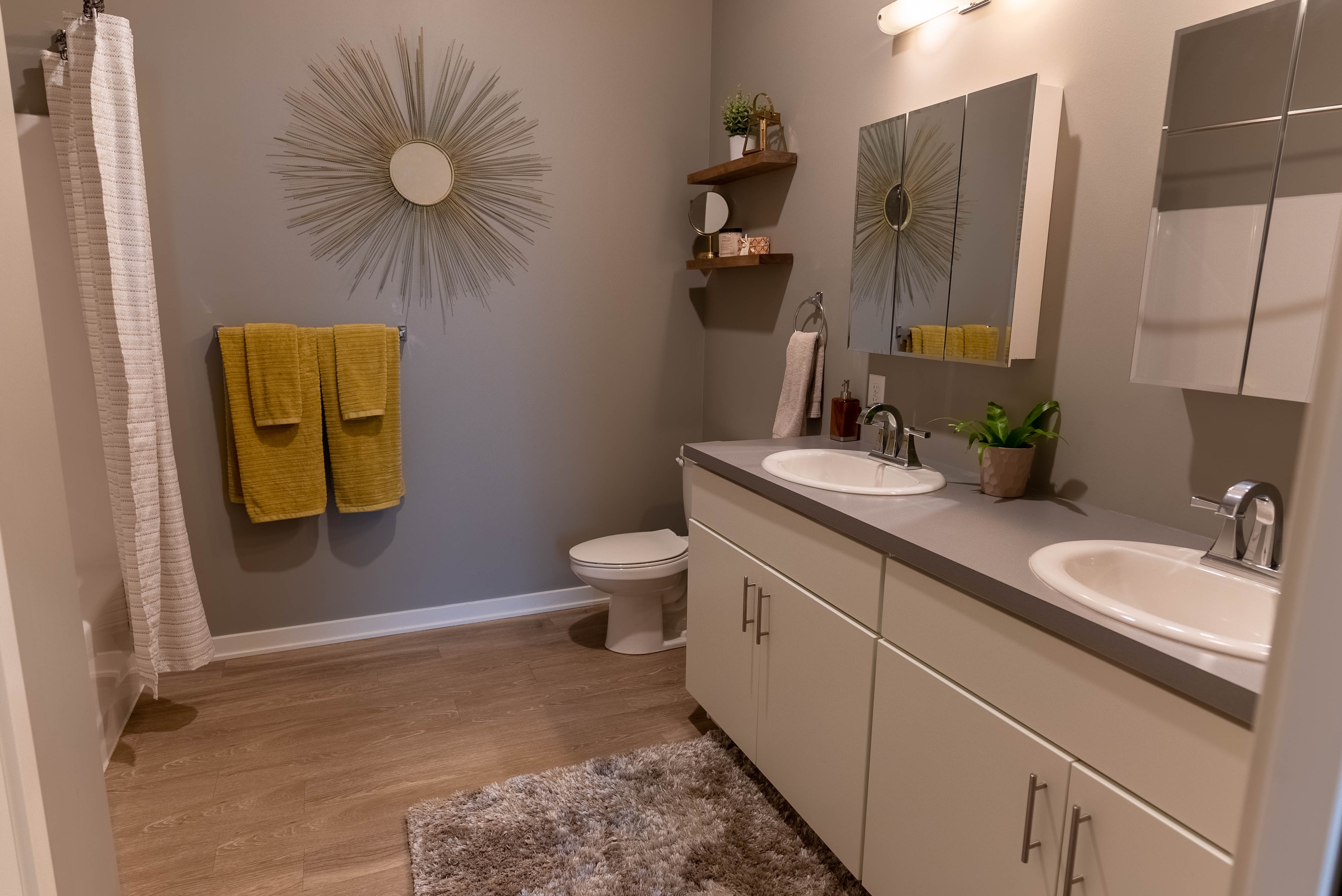 Bathroom with dual sinks and shower tub