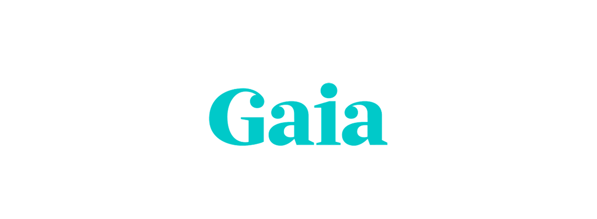The word Gaia in bold turquoise font on a black background.