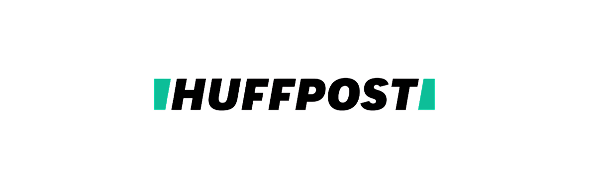 HUFFPOST logo with teal slashes on left and right sides on black background.
