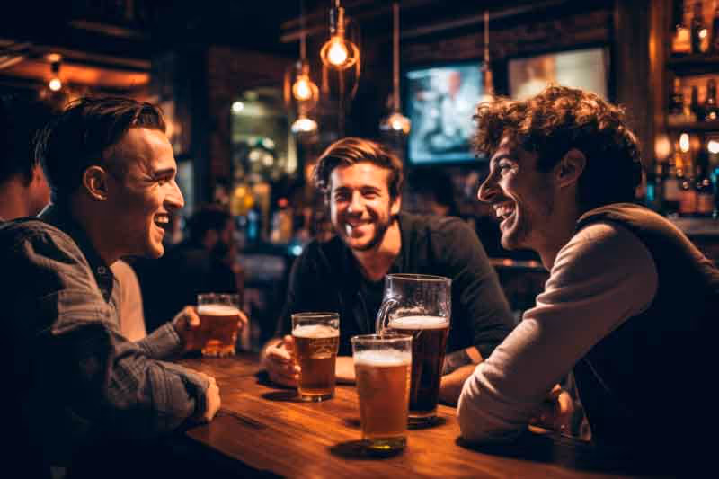 Three men sitting at a bar with beers in front of them.