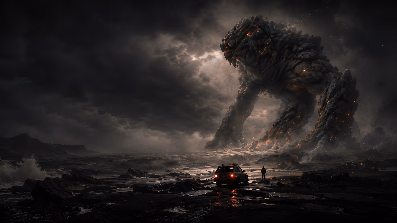 Photoreal VFX still of a colossal rock-and-magma creature rising from a stormy moonlit shore