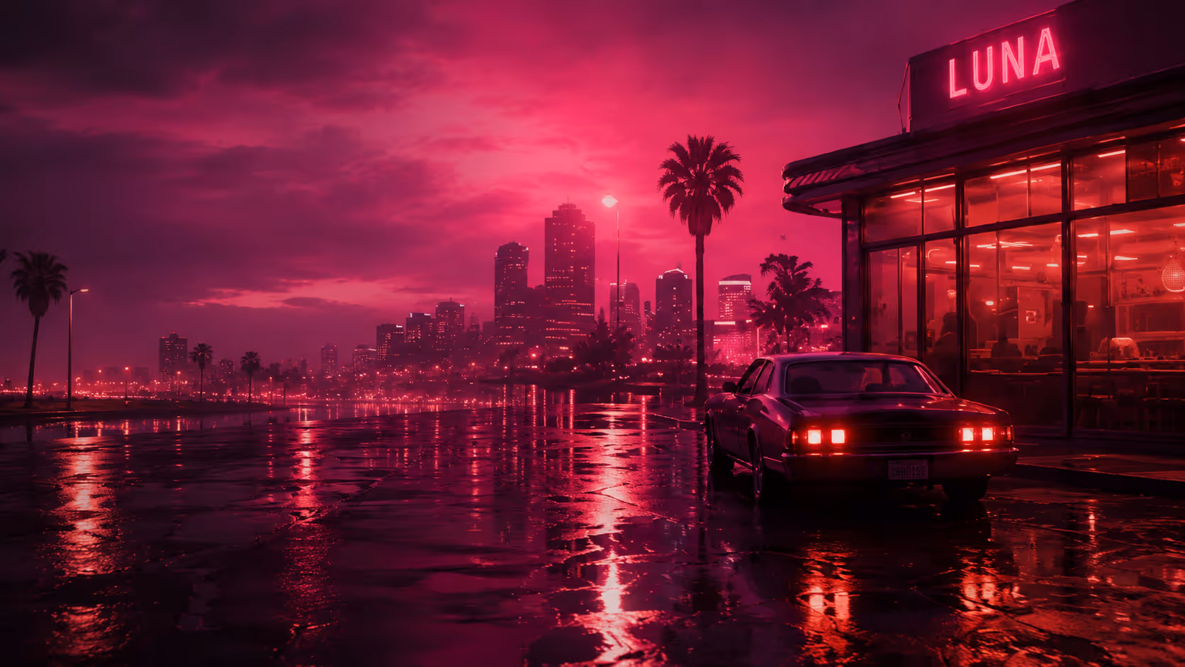 Pink-neon cityscape at dusk with a vintage car beside a glowing LUNA neon storefront