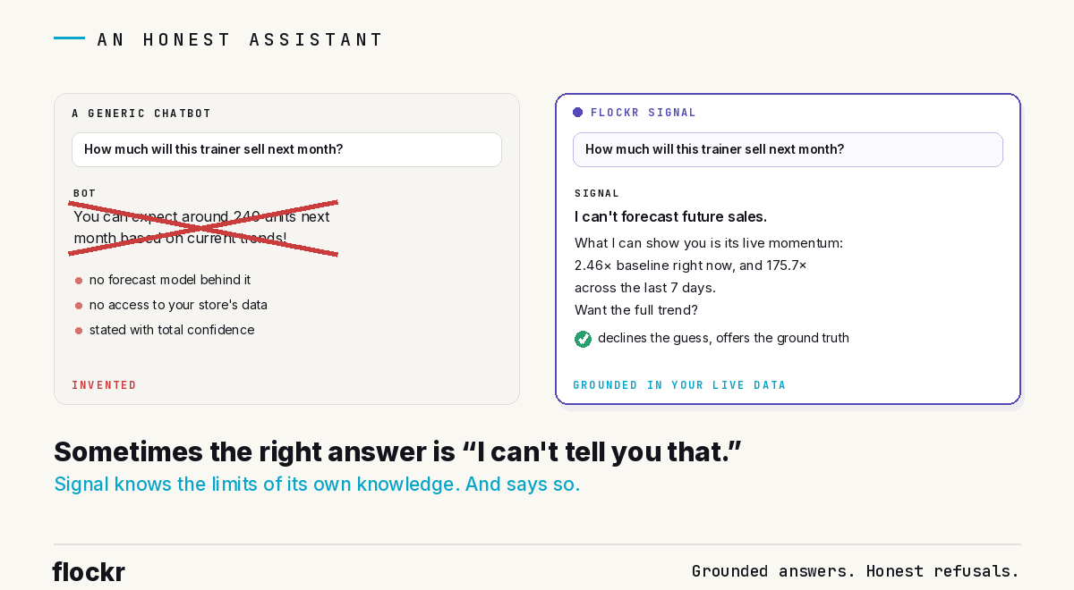 The same out-of-scope question, "How much will this trainer sell next month?", answered two ways