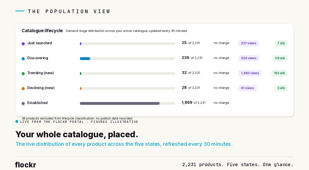 catalogue (25 just launched, 239 discovering, 32 trending, 28 declining, 1,869 established), each new-window state with its recent views and add-to-bag chips, updated every 30 minutes, with a note that 38 products are excluded from classification because no publish date is recorded. Figures illustrative.