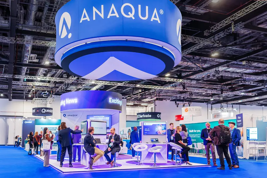 Wide view of the completed Anaqua exhibition stand at INTA 2026