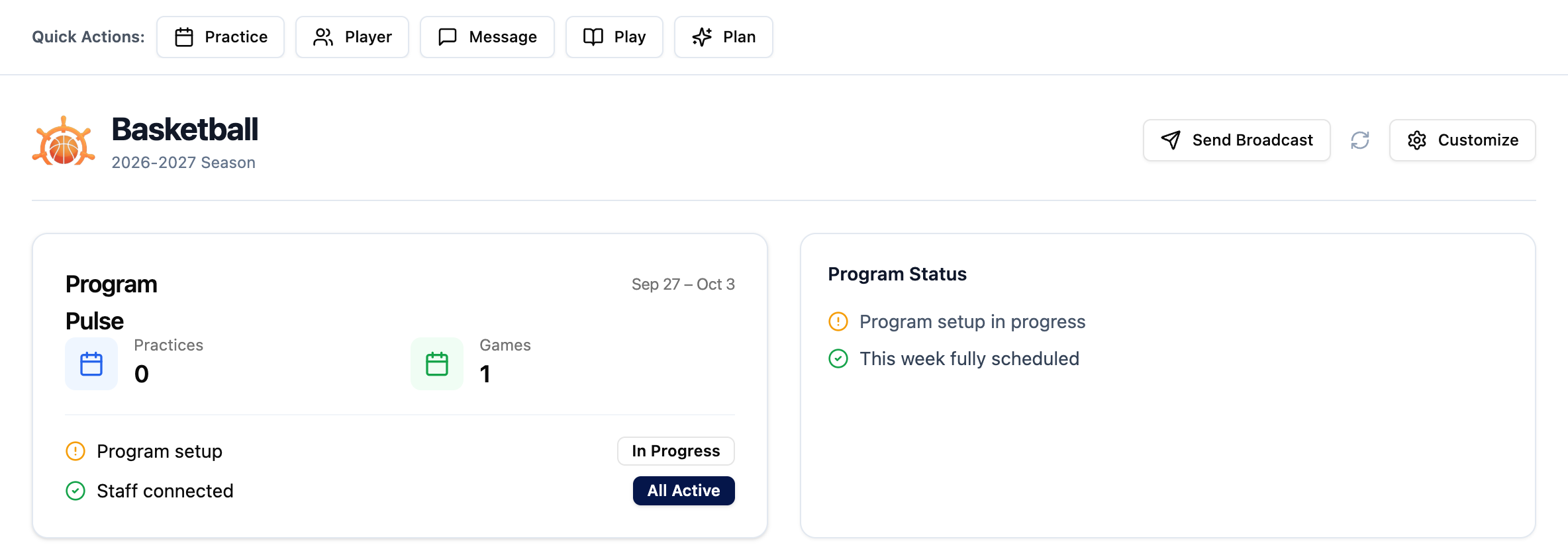 Hoops Helm program dashboard with season overview and status