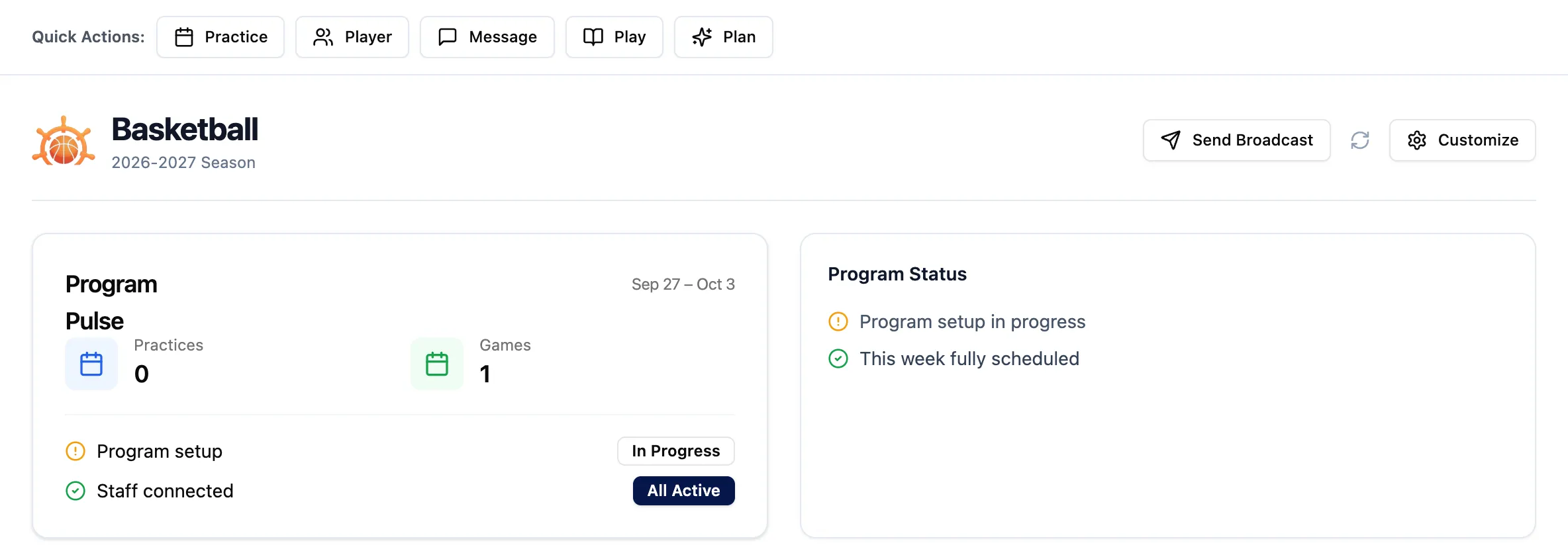 Program dashboard with season overview and status