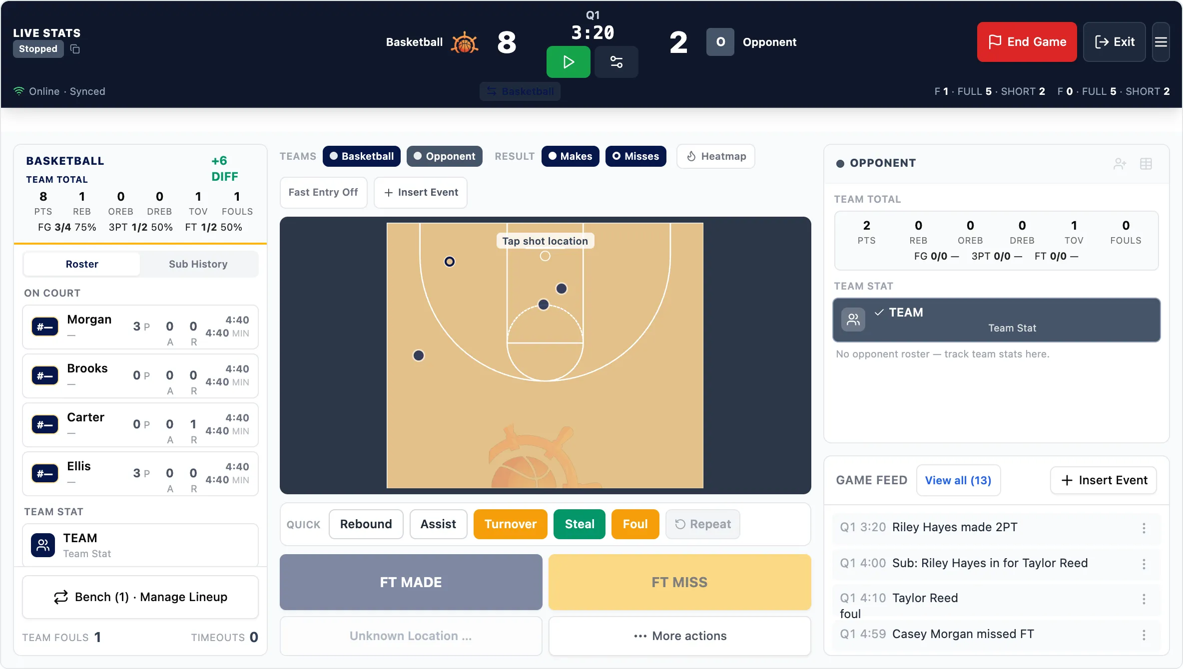 Hoops Helm live game stats with scoreboard, shot chart and play-by-play feed