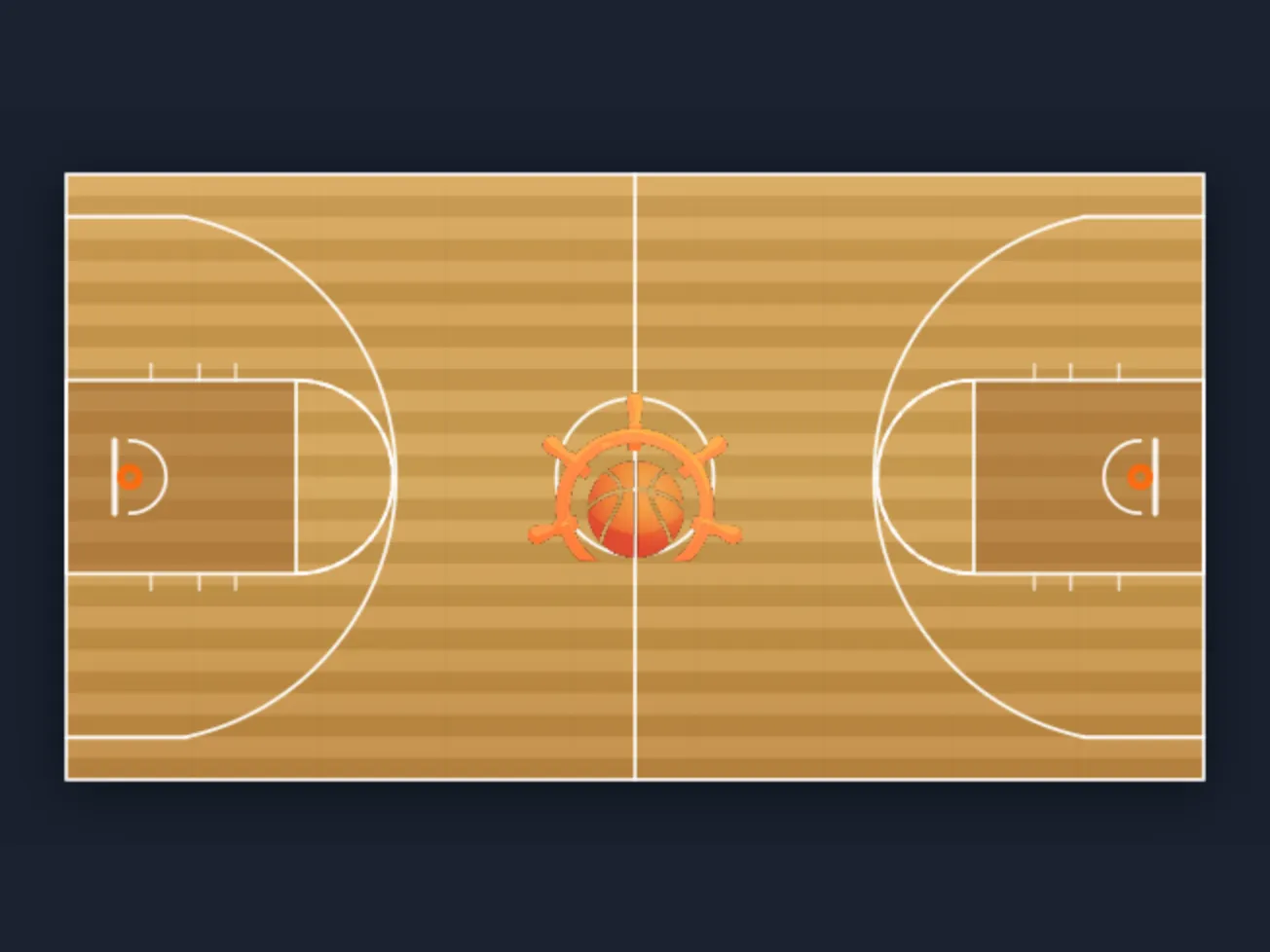 Basketball court with a program logo at center court