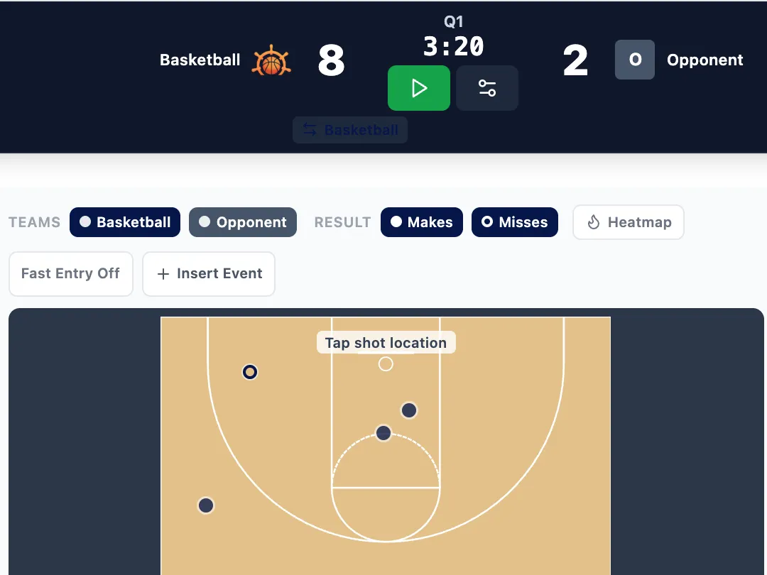 Live scoring screen with scoreboard and shot chart