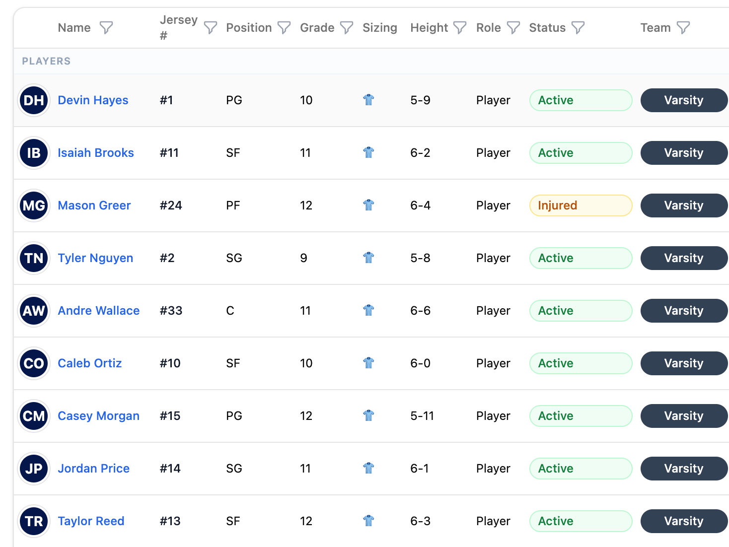 Team roster view in Hoops Helm