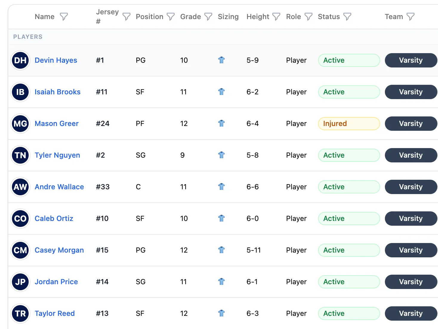 Team roster view in Hoops Helm