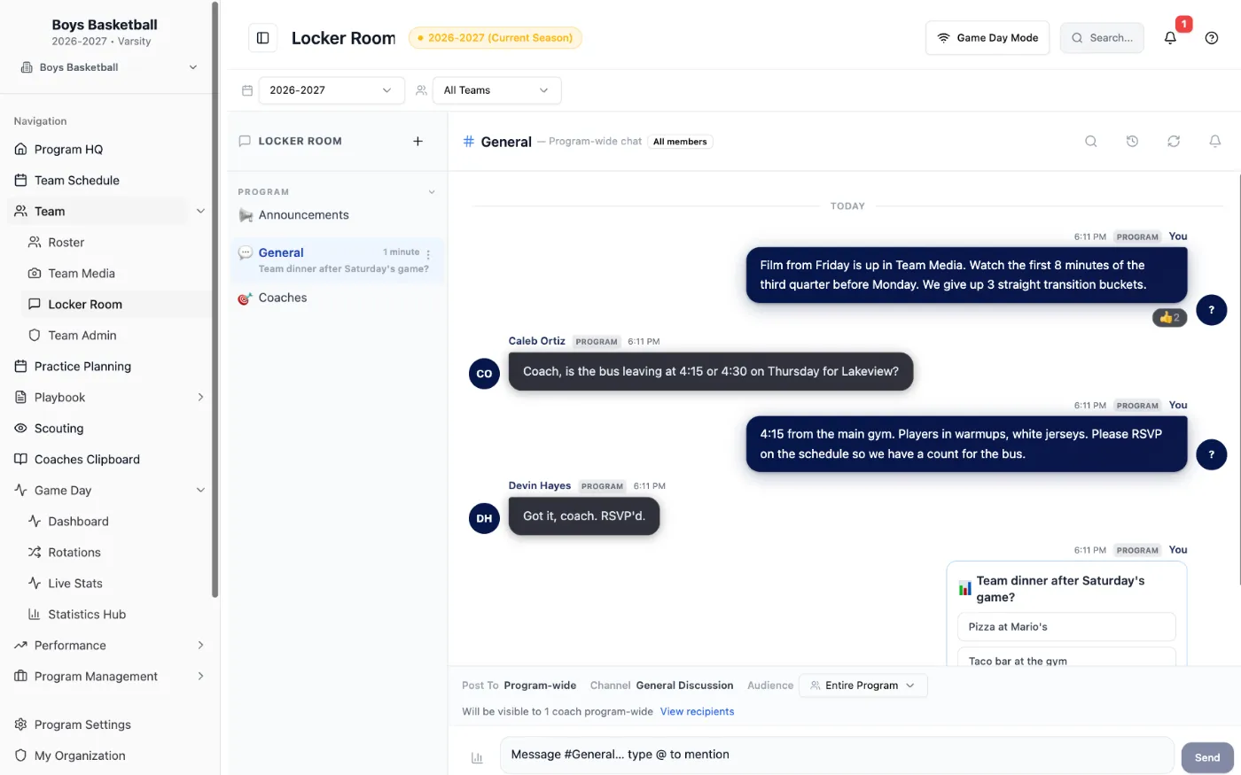 Hoops Helm team chat with a coach update, a player question and a team poll