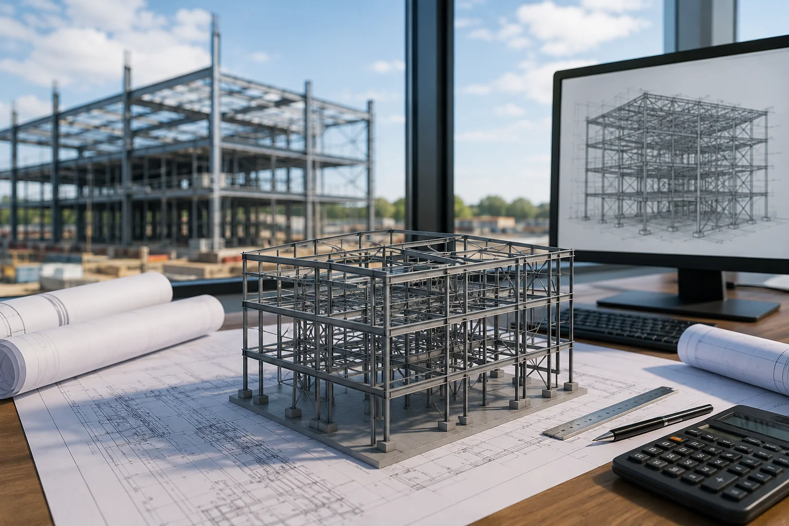 Structural design concept featuring steel framework model, technical drawings, and engineering tools.