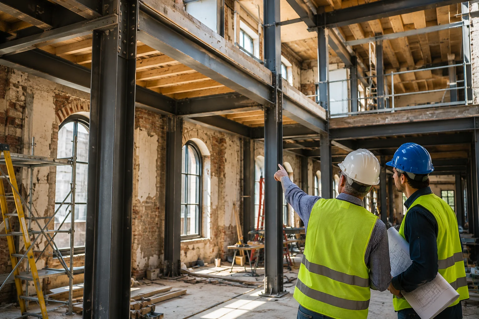Commercial building renovation with exposed structural beams and retrofit engineering solutions.