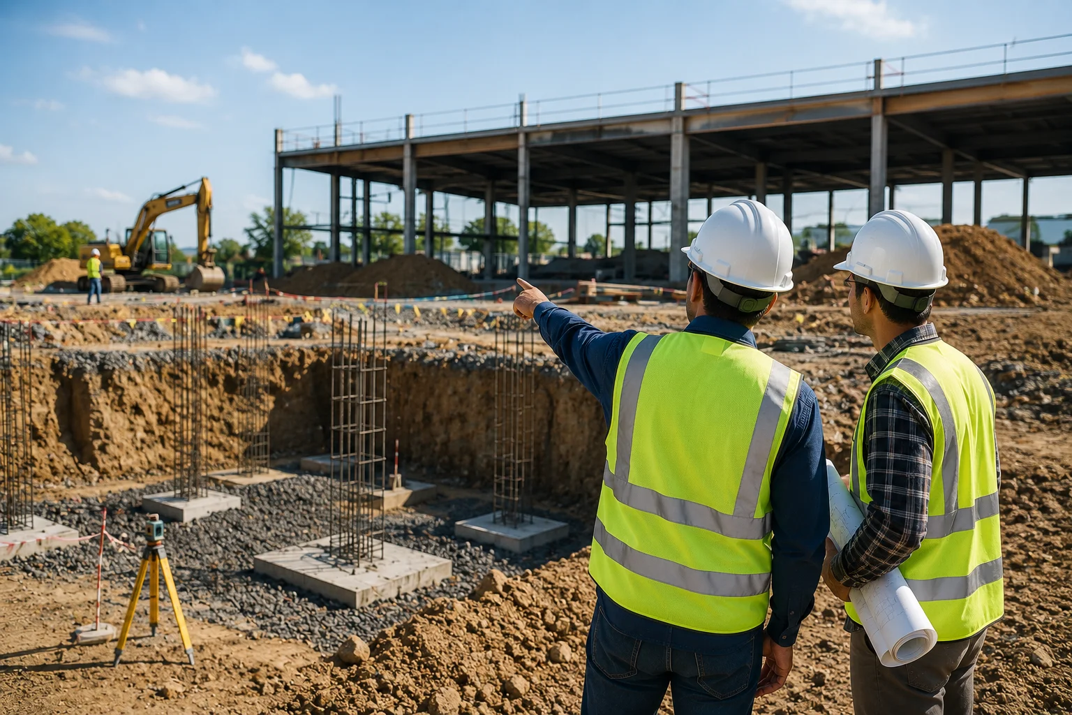 Engineers reviewing foundation construction and soil conditions during commercial development project.