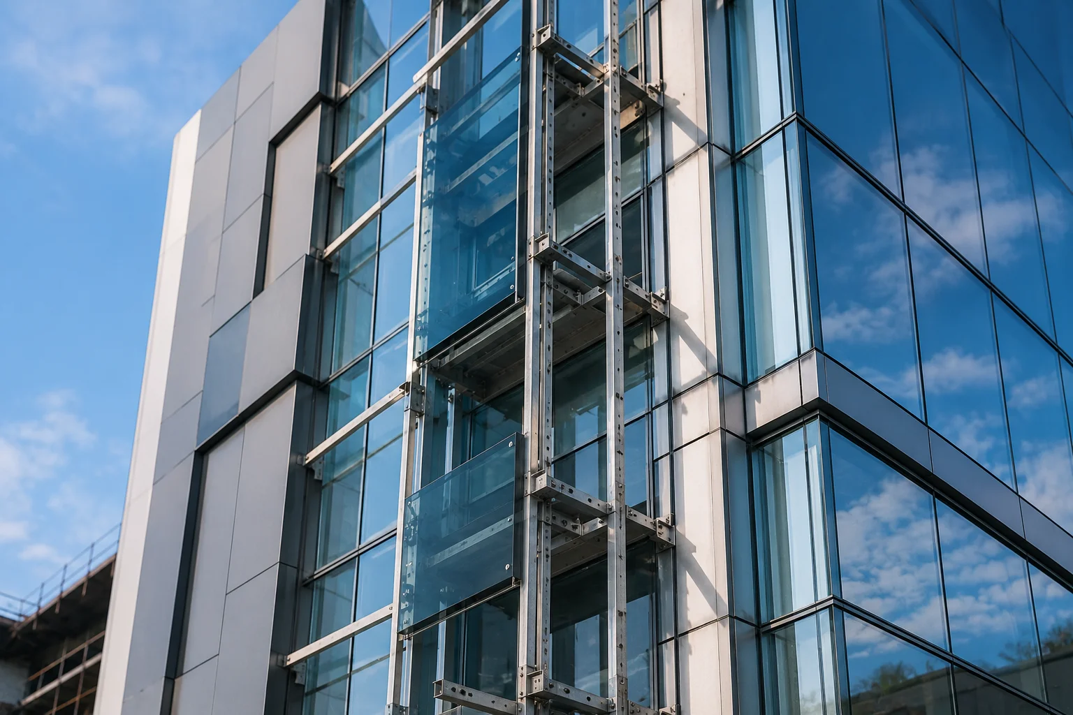 Exterior building envelope showcasing modern facade engineering and reflective glass panels.