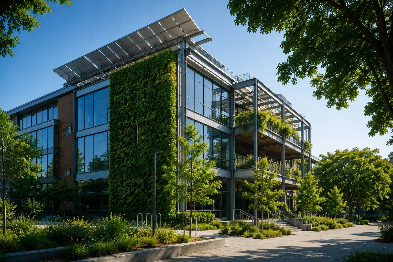 Environmentally conscious commercial building with green facade and sustainable engineering design.