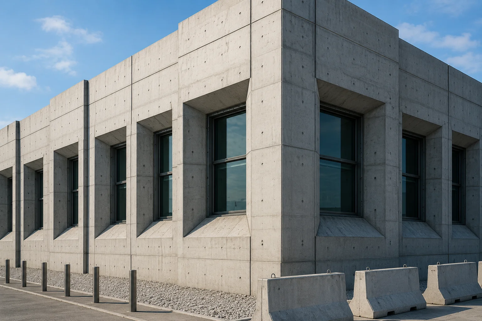 Heavy-duty concrete building engineered to withstand blast forces and extreme impact conditions.