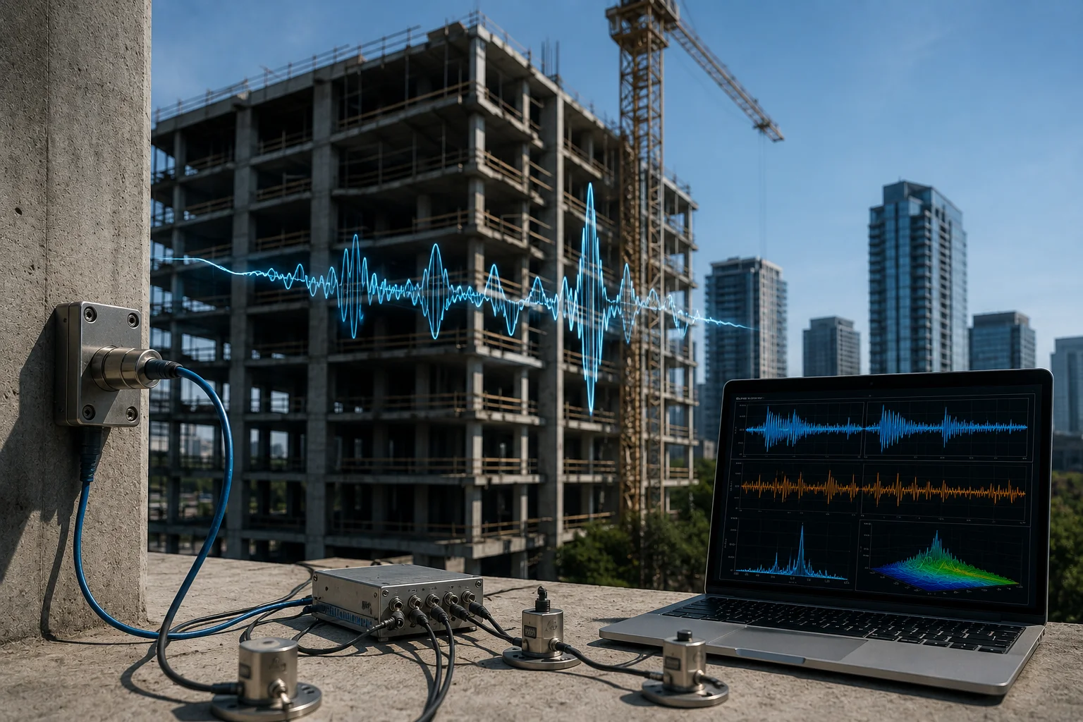 Vibration and dynamic analysis equipment monitoring structural movement at active construction site.