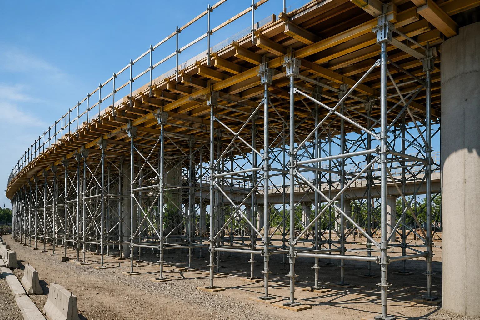 Commercial construction project with temporary bracing, scaffolding, and support structures.