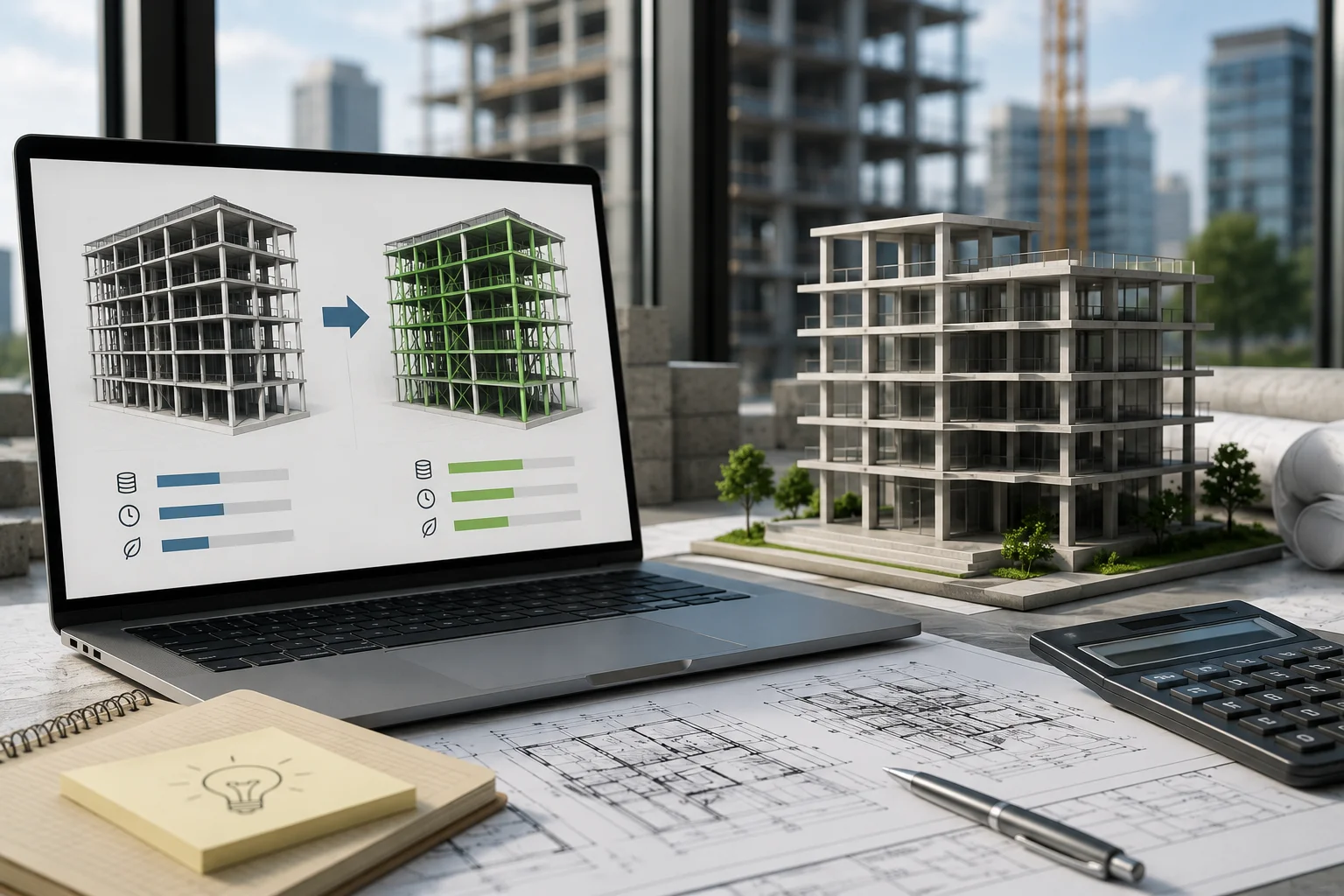Engineering workspace with CAD renderings and cost-effective structural design development.