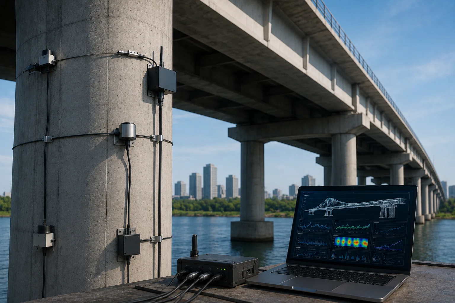 Engineering sensors and monitoring devices installed on commercial bridge structure.