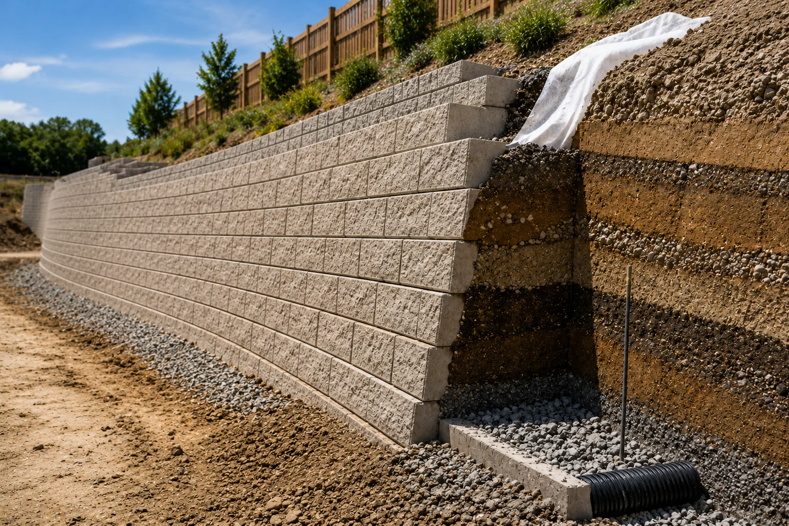 Retaining wall engineering system with reinforced soil layers and drainage components.