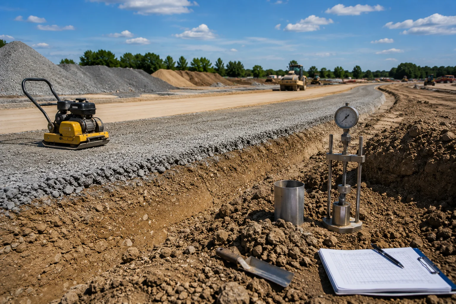 Road construction site featuring pavement subgrade engineering and soil stabilization work.