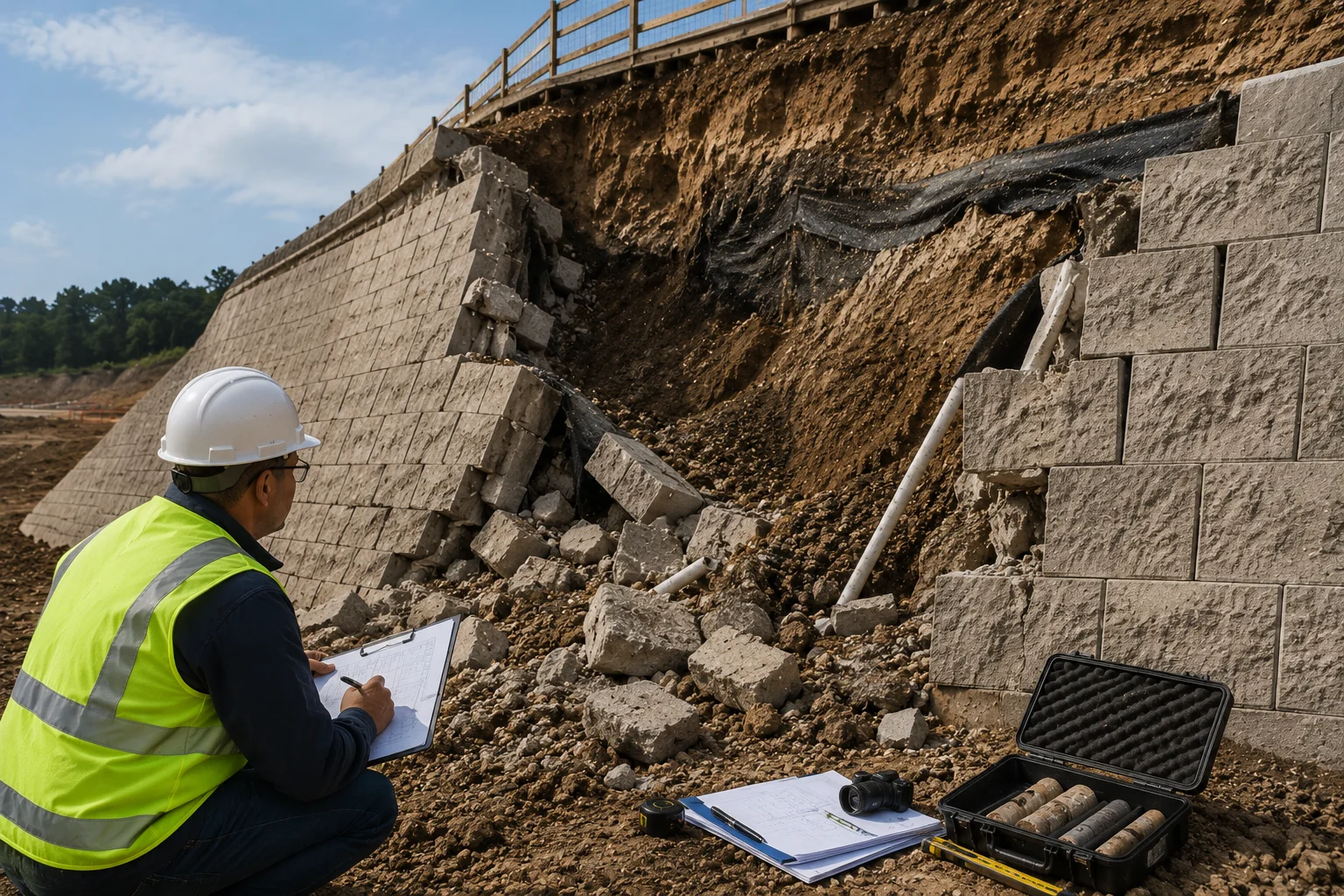 Construction failure investigation with geotechnical analysis of collapsed earth retention system.