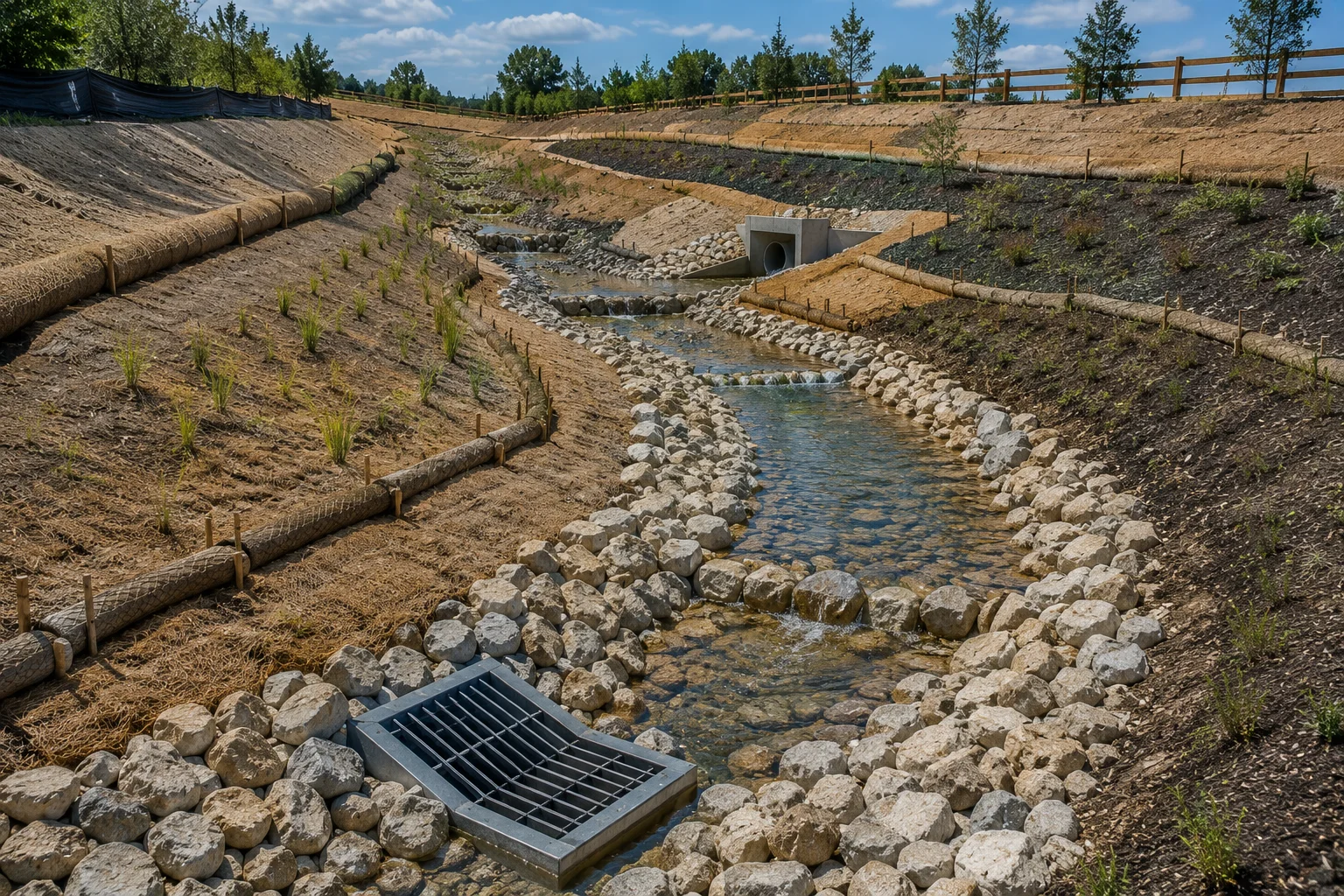 Stormwater management infrastructure designed for erosion prevention and water flow control.