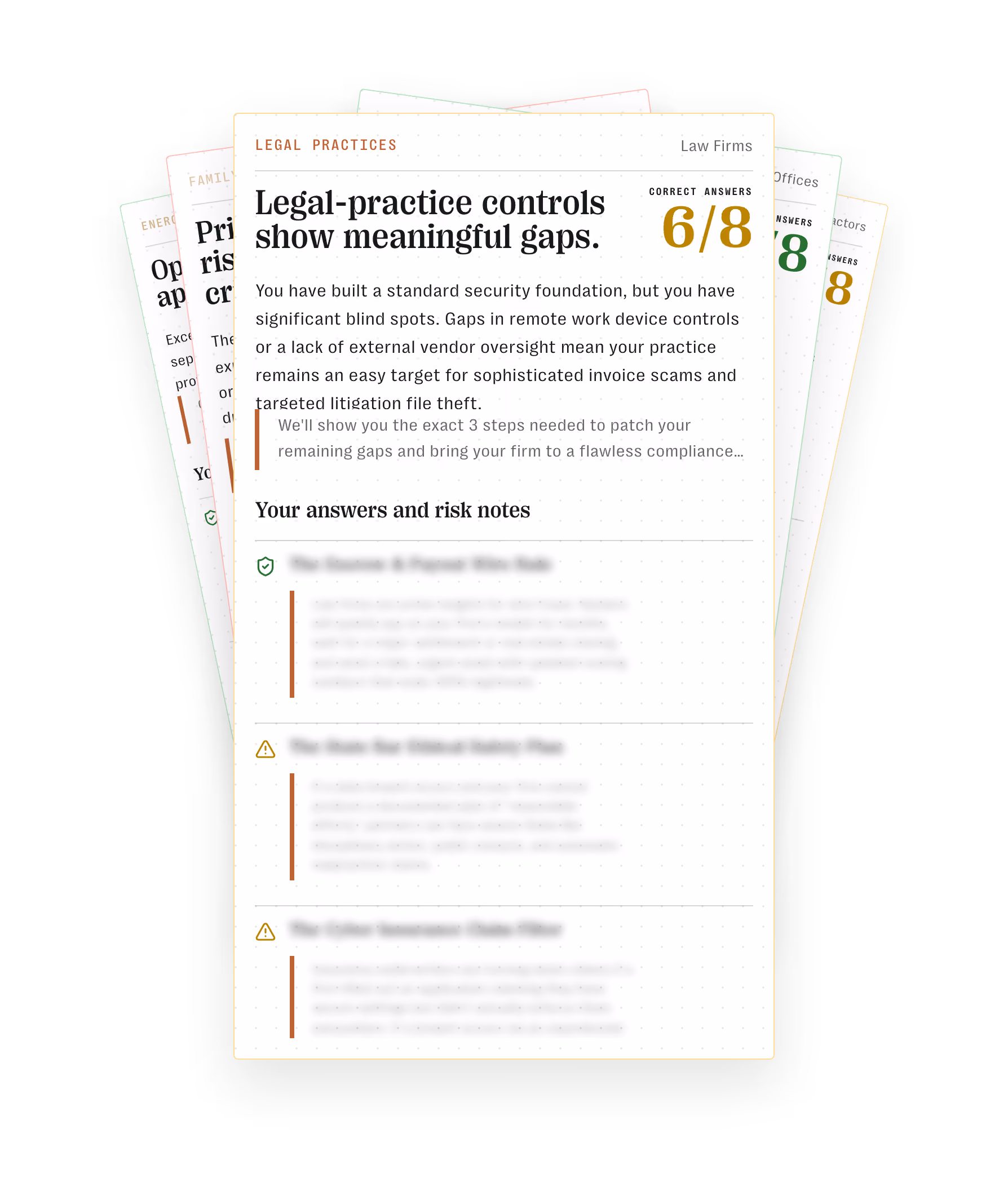 Legal-practice controls report showing 6 of 8 correct answers with notes on risks and gaps in security.