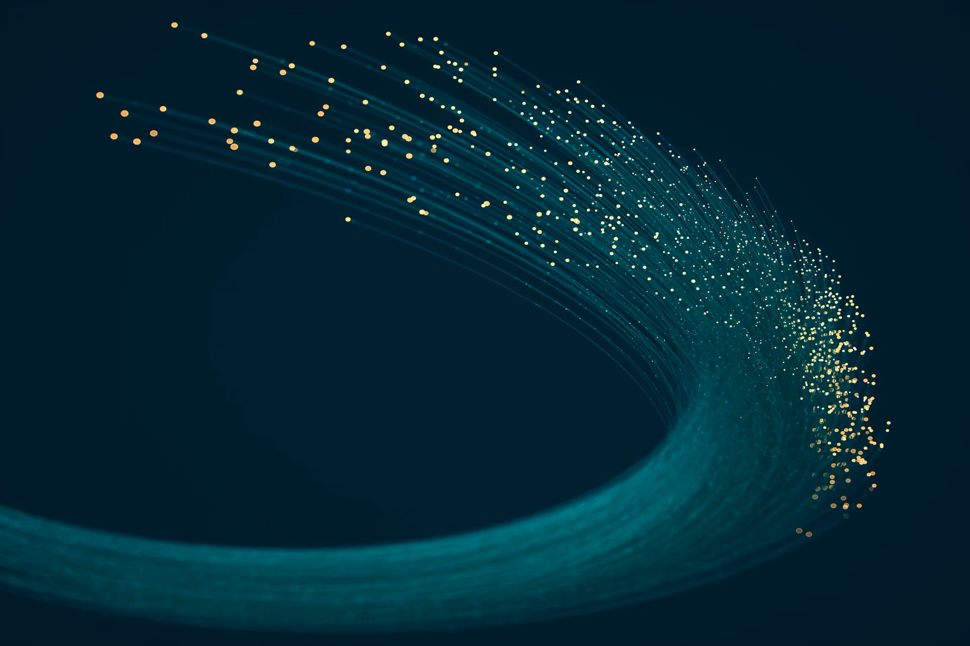 Curved cluster of glowing teal lines with yellow dots on a dark background.