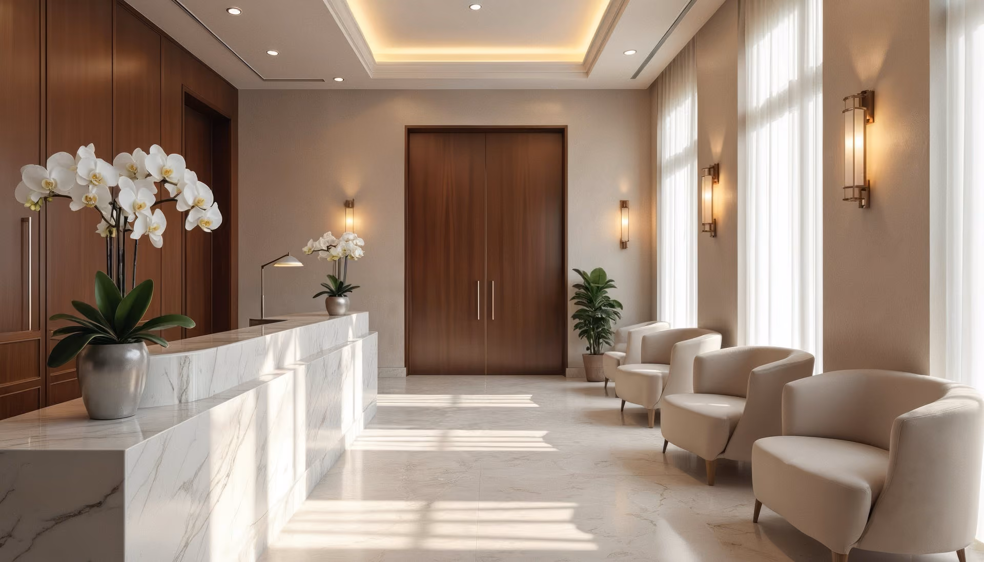 Modern medical office lobby with beige chairs, white marble reception desk, orchids, and large windows.