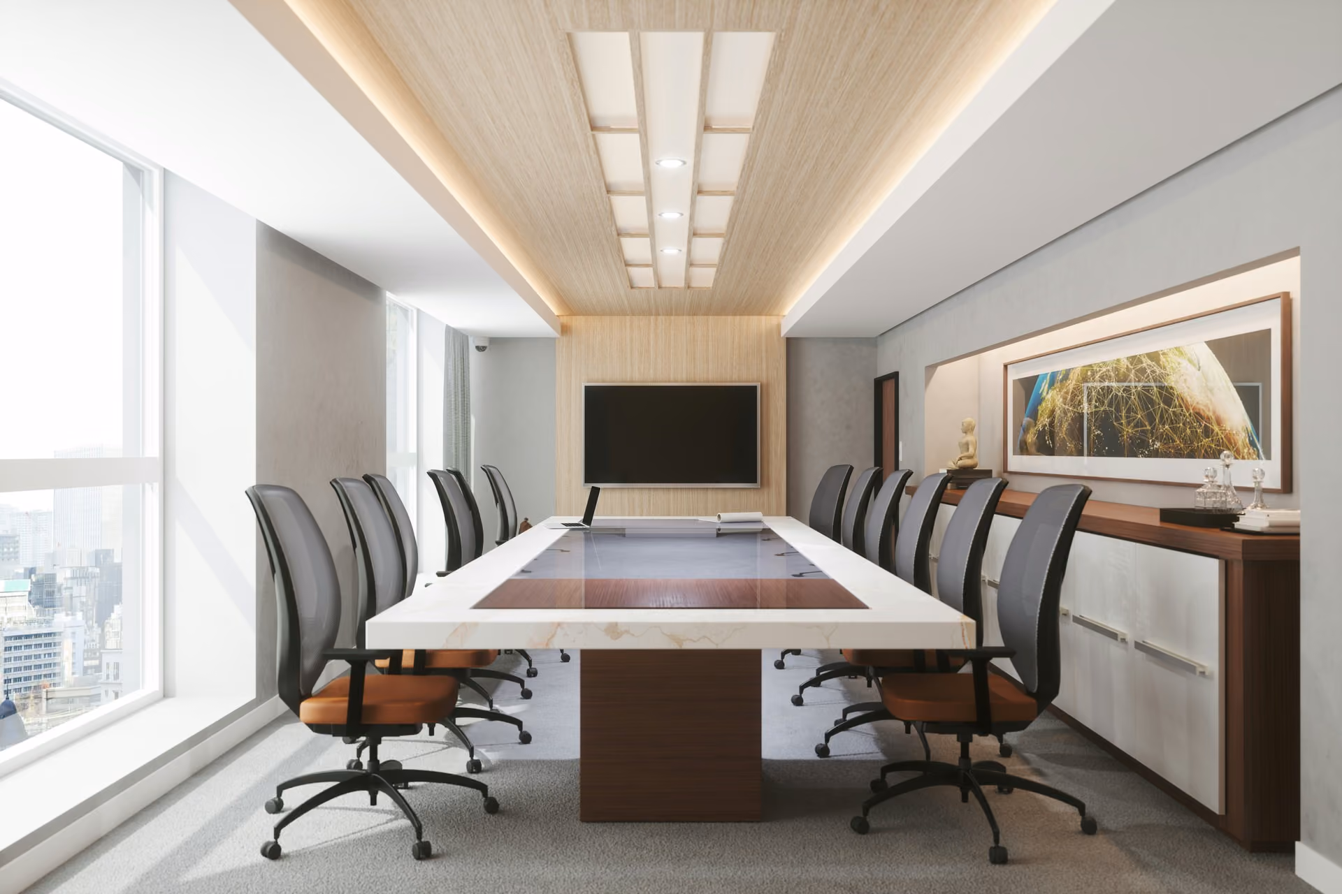 Modern conference room with a long table, swivel chairs, large windows, and a wall-mounted TV.