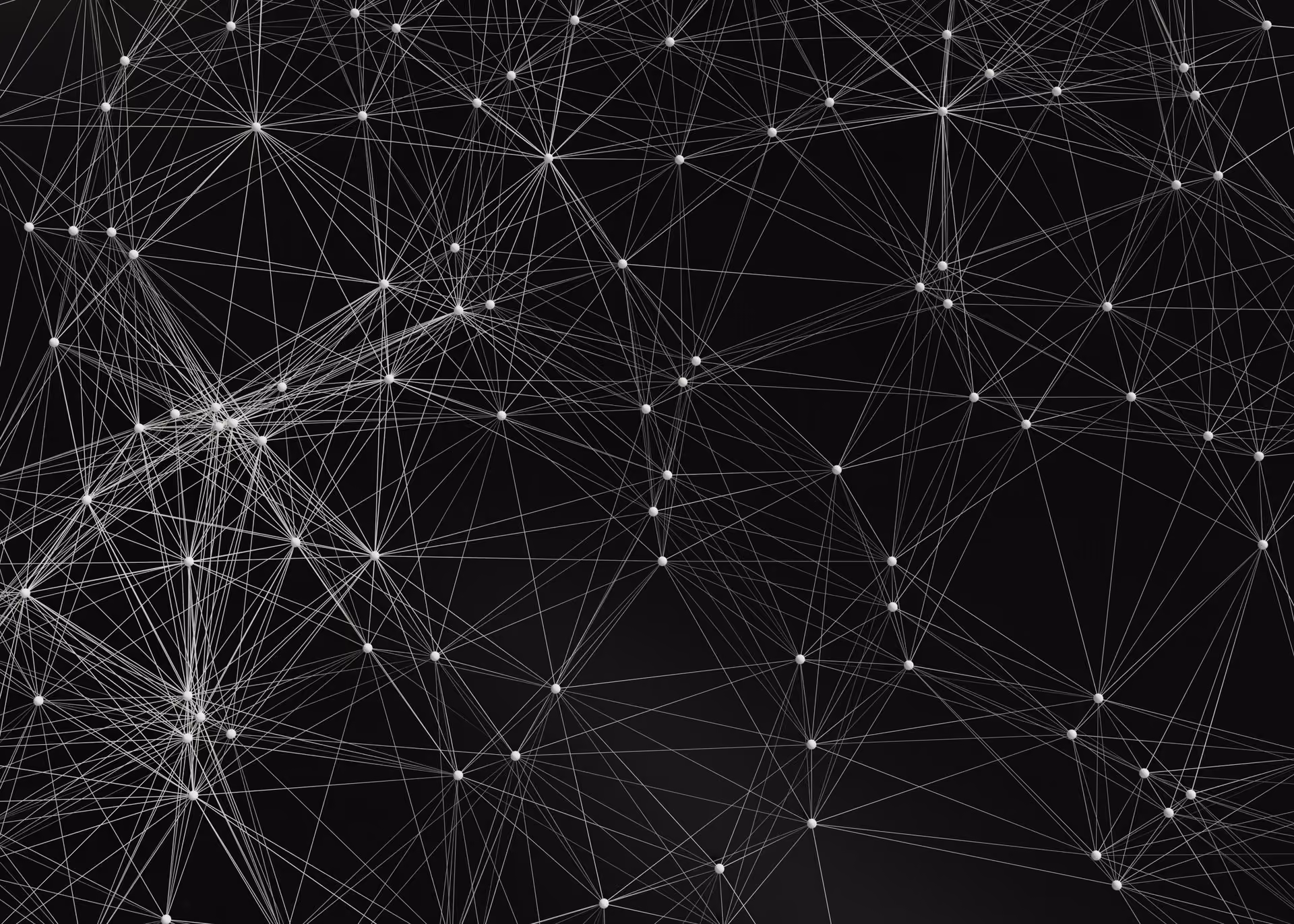 Abstract network of white nodes connected by thin lines on a black background.