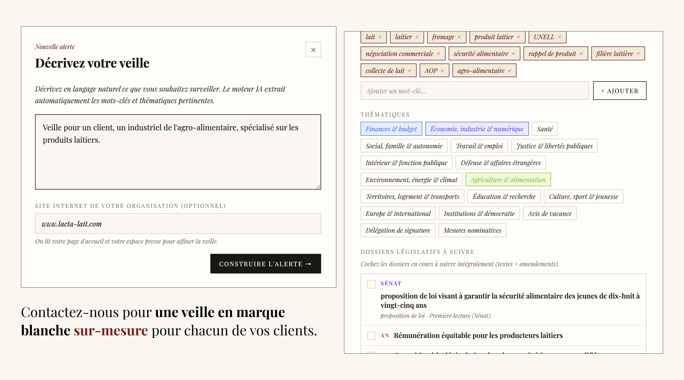 Capture de l'application Le Fil — création d'alerte par prompt : le moteur propose mots-clés, thématiques et fréquence éditables, avec vue liste et calendrier des digests reçus.