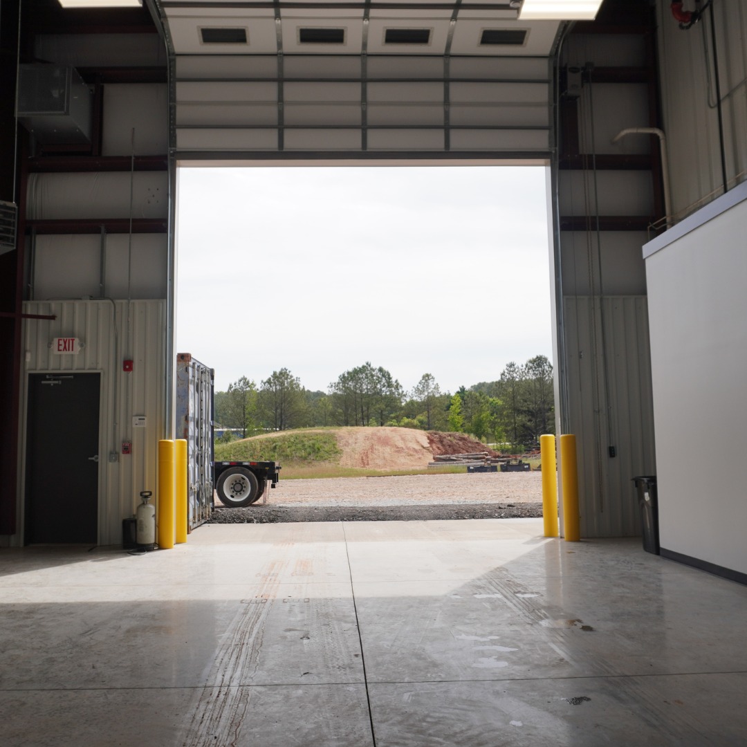 View from inside a Patriot Lifting bay door looking out at the Jenkinsburg yard