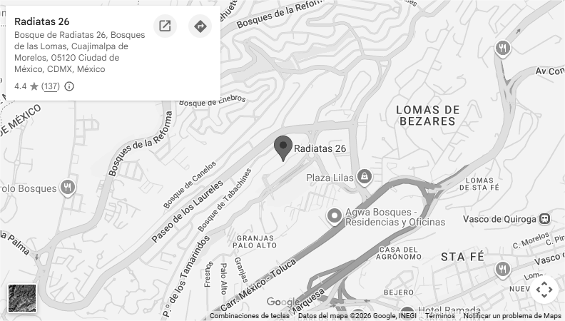 Map showing Radiatas 26 location in Bosque de Radiatas, Ciudad de México with nearby landmarks and streets.