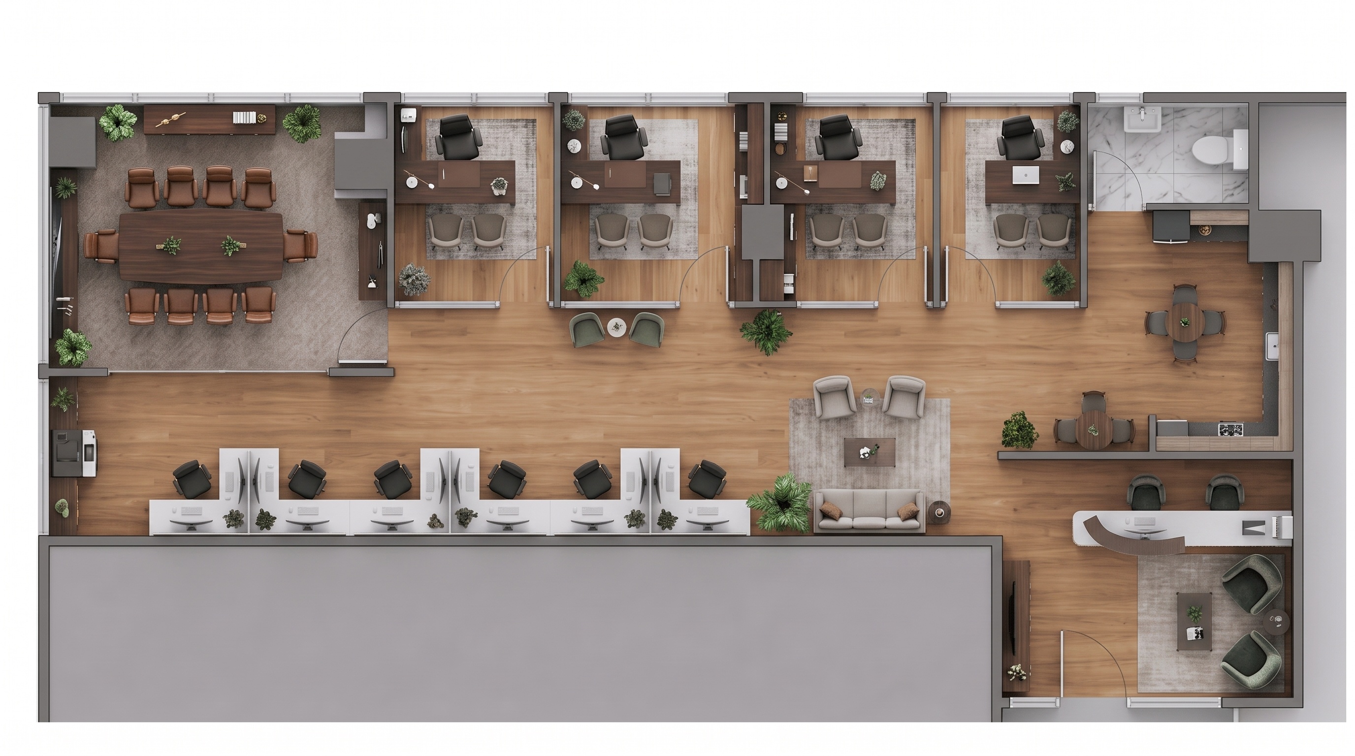 Office floor plan with conference room, multiple private offices, open desks, reception, and restrooms.