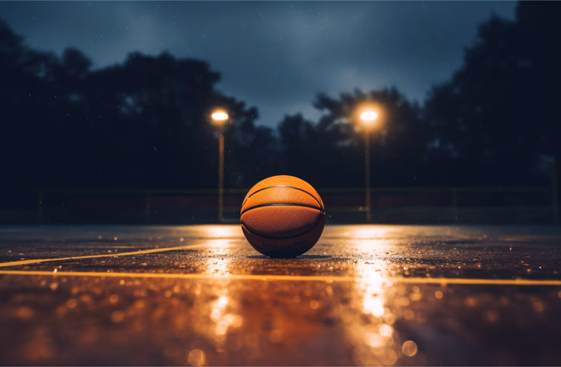 A basketball resting on a wet outdoor court at night under two bright floodlights.