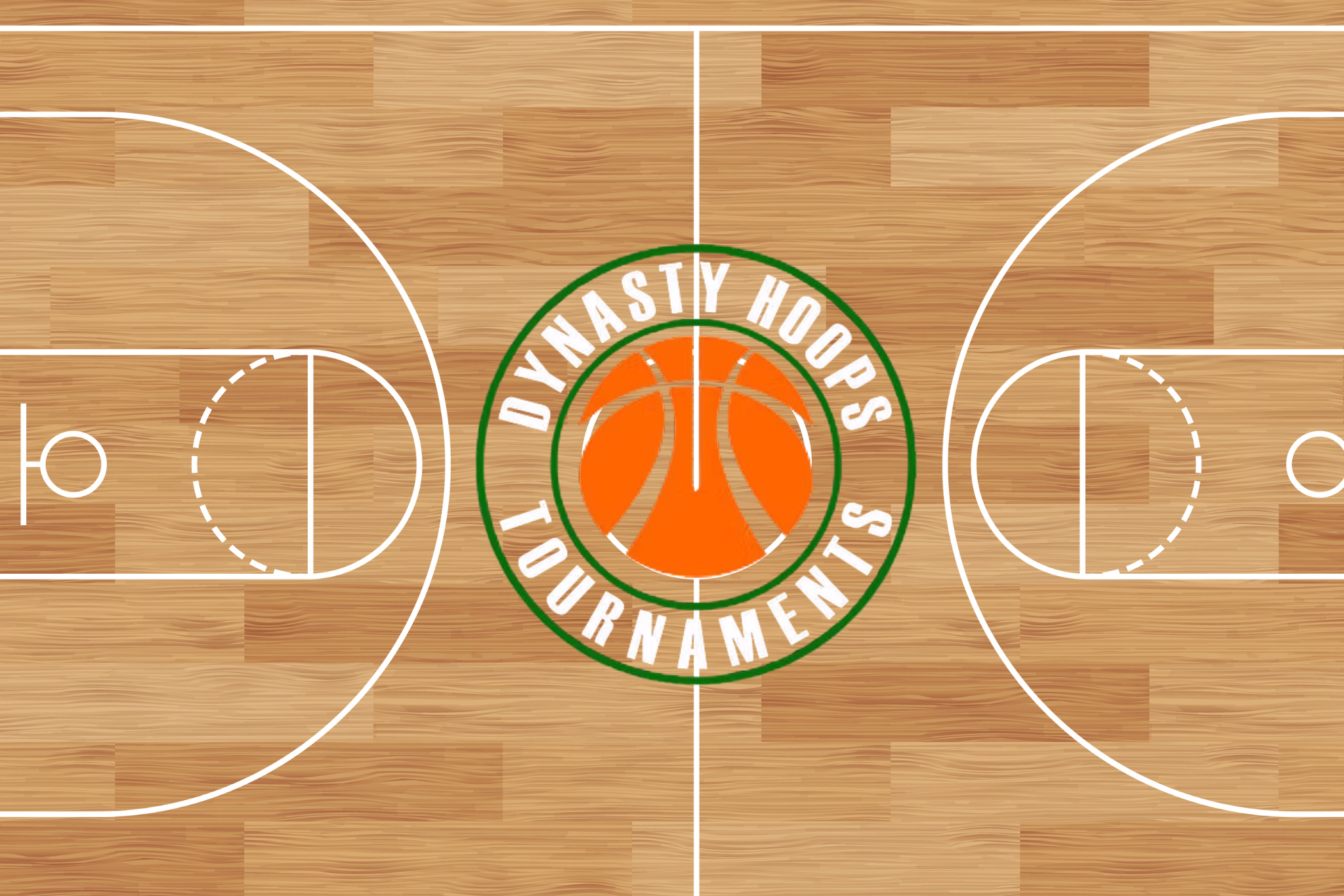 Basketball court center with a logo showing an orange basketball and text Dynasty Hoops Tournaments.