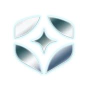 Shiny chrome emblem with four petals around a central sparkle, glowing blue outline